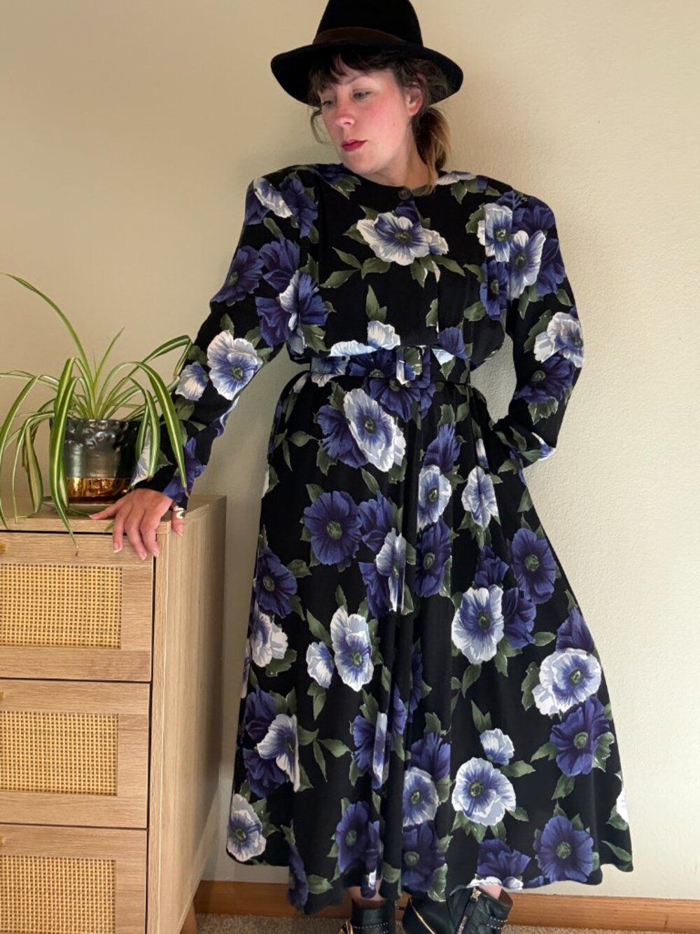Vintage Carol Anderson Dark Floral Long Sleeve Belted Midi Dress